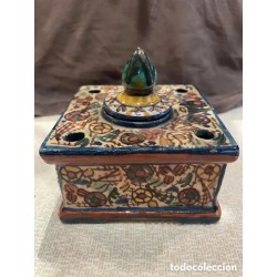Pareja de Tinteros Antiguos de Cerámica Decorada - Piezas Artesanales de Colección