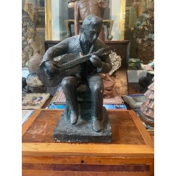 Escultura Antigua Guitarrista - Figura Terracota Firmada Arte Español Vintage