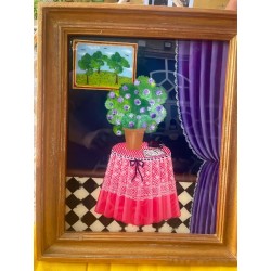 Arte Naif Surrealista - Composición Floral con Vestido y Paisaje en Marco Vintage