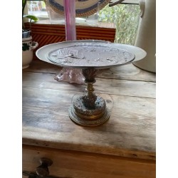 Elegante Centro de Mesa Vintage - Bandeja Decorativa en Metal Plateado con Base de Bronce