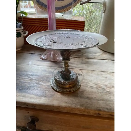 Elegante Centro de Mesa Vintage - Bandeja Decorativa en Metal Plateado con Base de Bronce