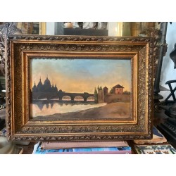 Pintura Paisaje Vintage - Óleo Romántico con Puente y Catedral al Atardecer