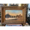 Pintura Paisaje Vintage - Óleo Romántico con Puente y Catedral al Atardecer