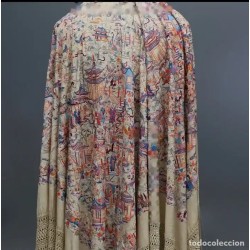 Elegante Mantón de Manila Vintage - Seda China Bordada Principios Siglo XX