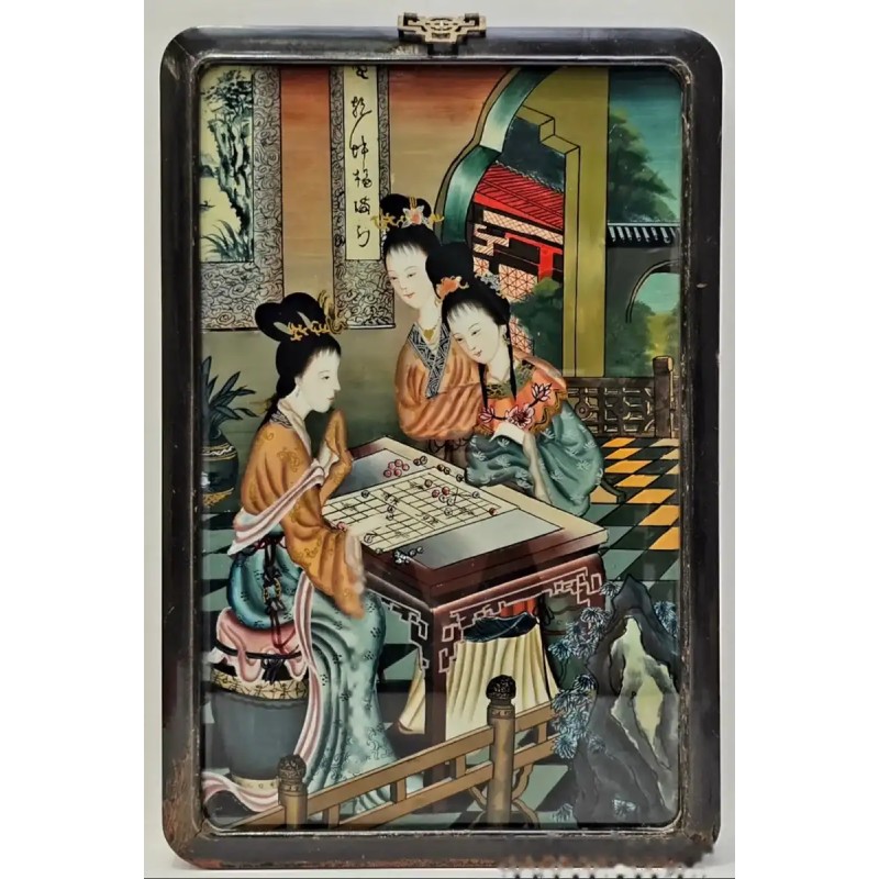 Escena Costumbrista Oriental Pintada en Cristal - Arte Chino Siglo XIX Damas