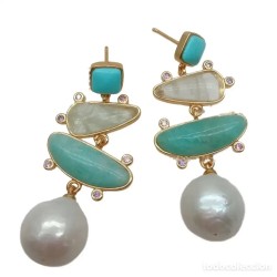 Pendientes Elegantes con Perlas Naturales, Turquesa y Piedras Semipreciosas - Joyería