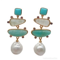Pendientes Elegantes con Perlas Naturales, Turquesa y Piedras Semipreciosas - Joyería