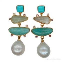 Pendientes Elegantes con Perlas Naturales, Turquesa y Piedras Semipreciosas - Joyería