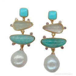 Pendientes Elegantes con Perlas Naturales, Turquesa y Piedras Semipreciosas - Joyería