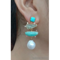 Pendientes Elegantes con Perlas Naturales, Turquesa y Piedras Semipreciosas - Joyería