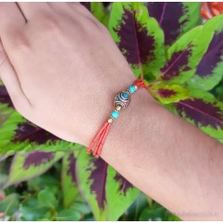 Pulsera Nepalí Tibetana con Turquesa y Coral - Plata 925 Chapada en Oro