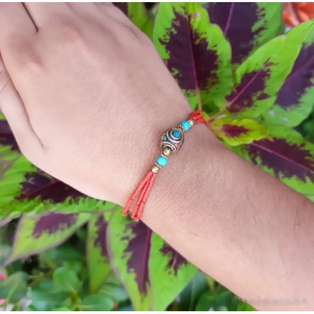 Pulsera Nepalí Tibetana con Turquesa y Coral - Plata 925 Chapada en Oro