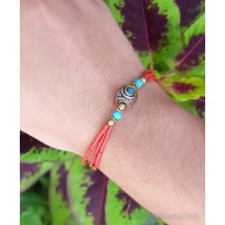 Pulsera Nepalí Tibetana con Turquesa y Coral - Plata 925 Chapada en Oro