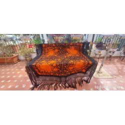Elegante Mantón de Manila Vintage - Bordado Naranja y Negro con Flecos Artesanales