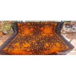 Elegante Mantón de Manila Vintage - Bordado Naranja y Negro con Flecos Artesanales