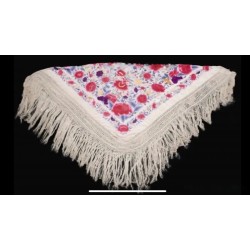 Elegante Mantón de Manila Vintage - Bordado Floral en Seda con Flecos Artesanales