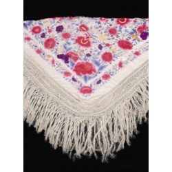 Elegante Mantón de Manila Vintage - Bordado Floral en Seda con Flecos Artesanales