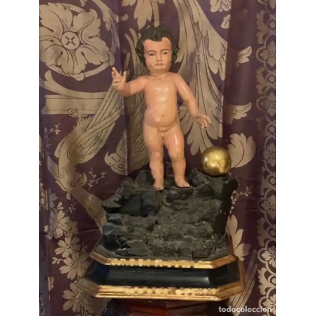 Talla Antigua del Niño Jesús con Peana - Escultura Religiosa Siglo XVIII