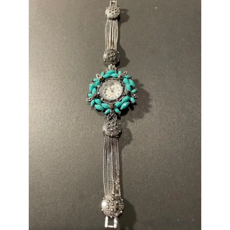 Reloj Pulsera Vintage de Señora con Turquesas - Joya Artesanal Plateada