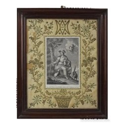 Grabado Religioso La Divina Pastora con Marco Bordado en Oro - Circa 1800