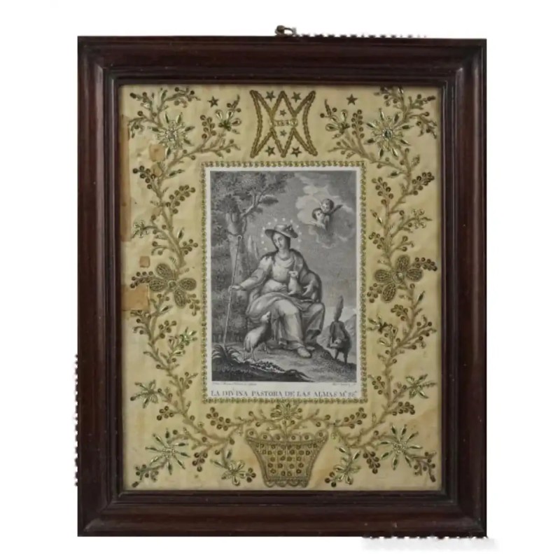 Grabado Religioso La Divina Pastora con Marco Bordado en Oro - Circa 1800