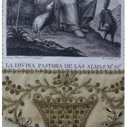 Grabado Religioso La Divina Pastora con Marco Bordado en Oro - Circa 1800