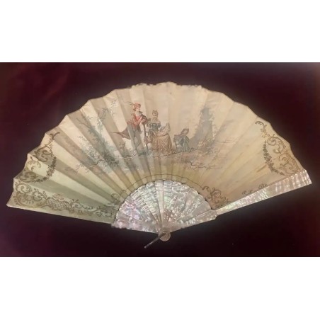 Abanico de Época Victoriana - Obra Maestra en Seda y Nácar del Siglo XIX
