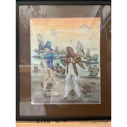 Espectacular acuarela firmada y enmarcada, figura surrealista