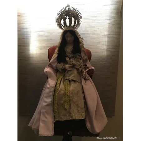 Figura Religiosa Vintage de Virgen con Niño - Talla Artesanal en Madera de Cedro