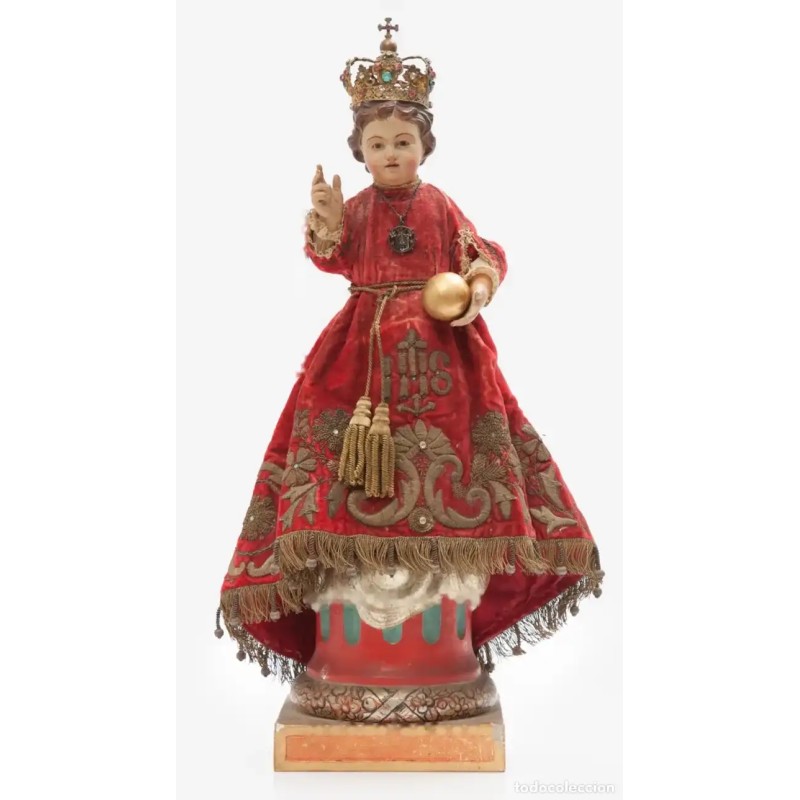Estatua Religiosa del Niño de Praga - Obra de Arte Policromada Siglo XIX Estatua Religiosa del Niño de Praga - Obra de Arte Policromada Siglo XIX