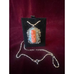 Colgante Antiguo de Coral Tallado en Filigrana de Plata - Esmalte Cloisonné Azul