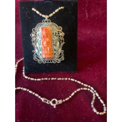 Colgante Antiguo de Coral Tallado en Filigrana de Plata - Esmalte Cloisonné Azul