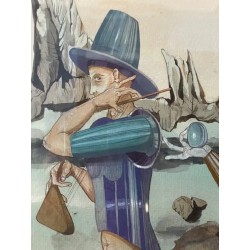 Espectacular acuarela firmada y enmarcada, figura surrealista