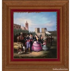 Escuela Española Siglo XIX - Feria de Ganado - Óleo Costumbrista sobre Tabla Firmado