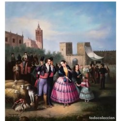 Escuela Española Siglo XIX - Feria de Ganado - Óleo Costumbrista sobre Tabla Firmado