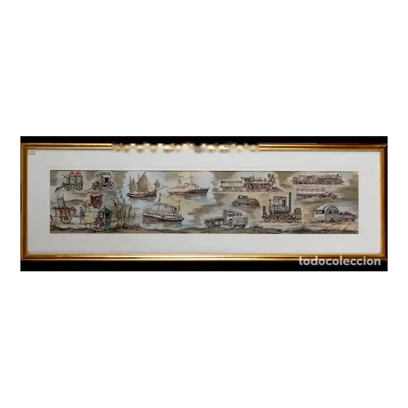 Gouache Vintage de medios de transporte por Ramón López Muñoz - Ilustración histórica