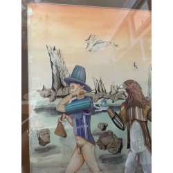 Espectacular acuarela firmada y enmarcada, figura surrealista