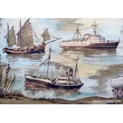 Gouache Vintage de medios de transporte por Ramón López Muñoz - Ilustración histórica