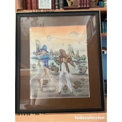 Espectacular acuarela firmada y enmarcada, figura surrealista