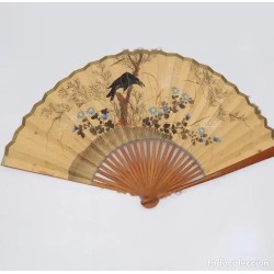 Abanico Japonés Antiguo con Cuervo y Flores - Papel Acuarelado Siglo XX