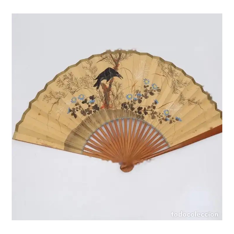Abanico Japonés Antiguo con Cuervo y Flores - Papel Acuarelado Siglo XX