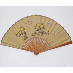 Abanico Japonés Antiguo con Cuervo y Flores - Papel Acuarelado Siglo XX