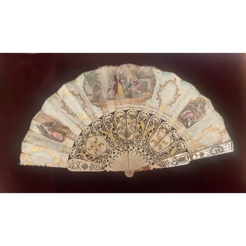 Abanico Antiguo con Varillas de Hueso y Nácar - Pieza Colección Siglo XIX