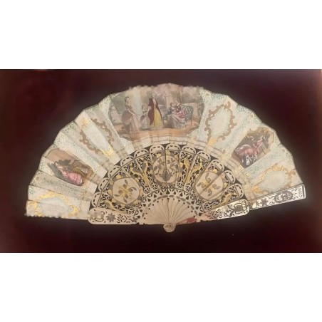 Abanico Antiguo con Varillas de Hueso y Nácar - Pieza Colección Siglo XIX