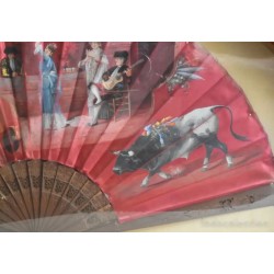 Abanico Taurino Español Enmarcado - Seda Roja con Escenas de Toreo y Flamenco