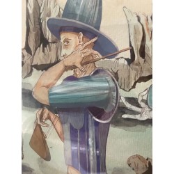 Espectacular acuarela firmada y enmarcada, figura surrealista