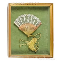 Abanico Antiguo Enmarcado con Encaje y Nácar - Pieza Decorativa Principios S.XX