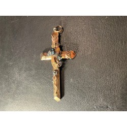Cruz Colgante Oro con Esmalte Turquesa - Joya Antigua Decorativa 7,5x4cm