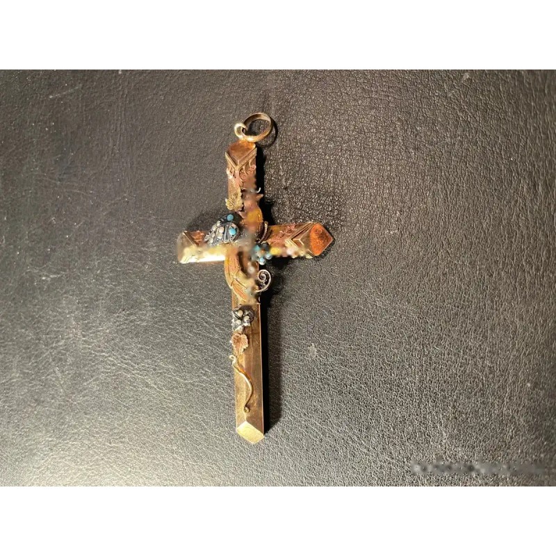 Cruz Colgante Oro con Esmalte Turquesa - Joya Antigua Decorativa 7,5x4cm