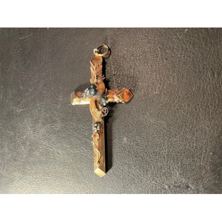 Cruz Colgante Oro con Esmalte Turquesa - Joya Antigua Decorativa 7,5x4cm